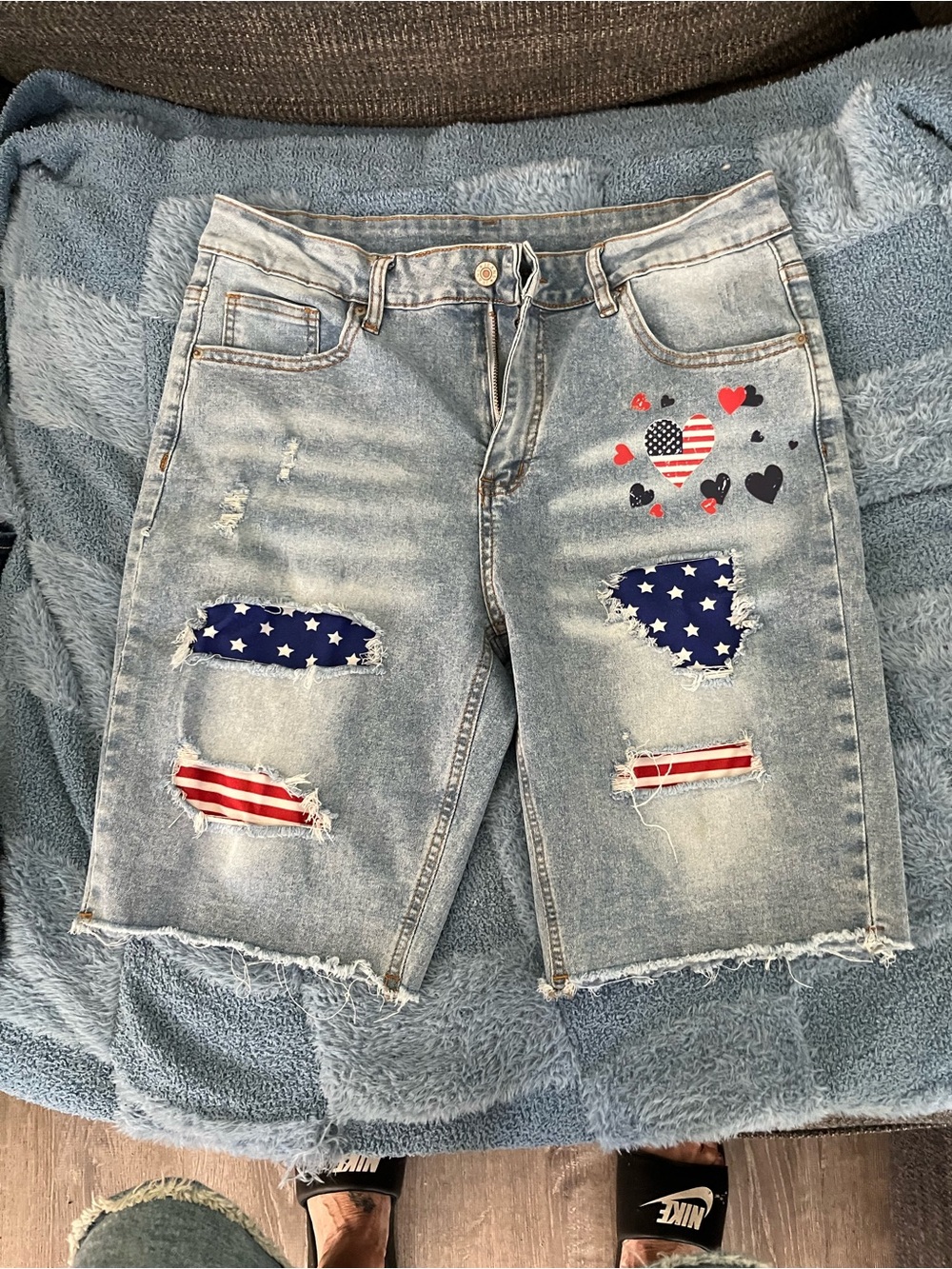 Light Blue Distressed Denim Bermuda Shorts with Patriotic Heart and Flag Patches